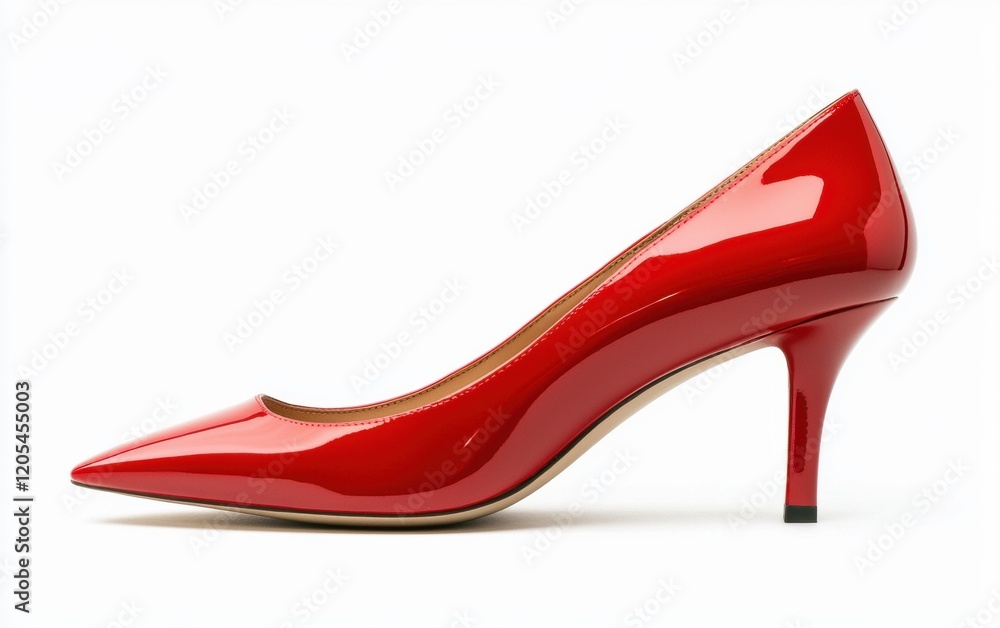 A single red high-heeled shoe with a pointed toe and glossy finish on a clean white background A single red high-heeled shoe with a pointed toe and glossy finish on a clean white background