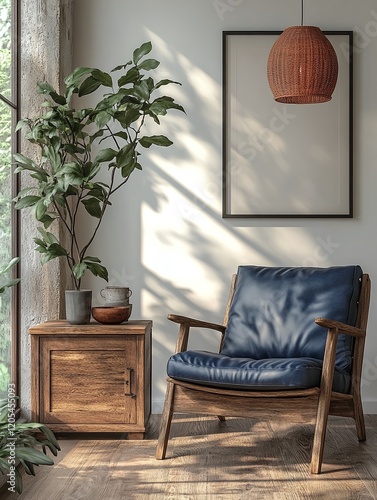cozy interior with blue chairs and green elements	
