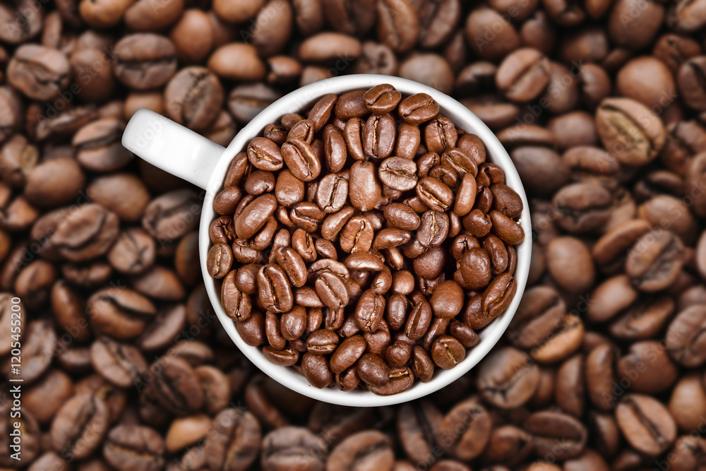 Cup filled with coffee beans. Dark coffee seeds on a textured background. Fresh morning caffeine aroma. Americano mug in a cafe setting. Brown beverage concept. Cup filled with coffee beans. Dark coffee seeds on a textured background. Fresh morning caffeine aroma. Americano mug in a cafe setting. Brown beverage concept.