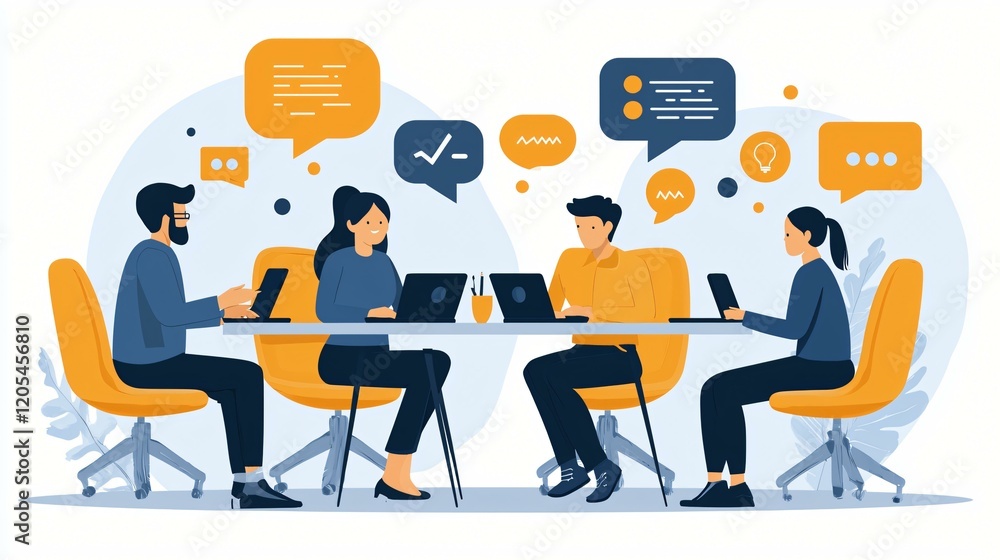 A modern office setting with professionals exchanging ideas about team collaboration, digital marketing strategies, and HR recruitment A modern office setting with professionals exchanging ideas about team collaboration, digital marketing strategies, and HR recruitment
