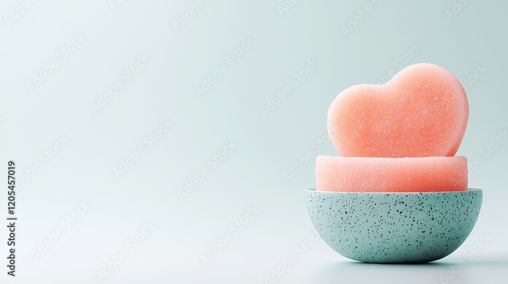Delightful Pink Heart-Shaped Soap in a Stylish Bowl on a Soft Pastel Background Delightful Pink Heart-Shaped Soap in a Stylish Bowl on a Soft Pastel Background