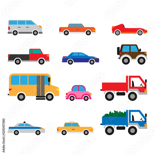 A collection of cars of different colors and shapes in flat style isolated on a white background. Car illustration for kids