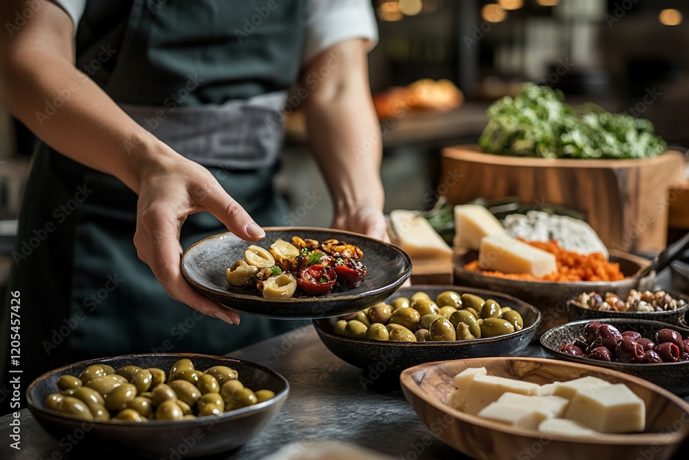 Close-up of a hand presenting a plate of olives and roasted peppers at a buffet. Close-up of a hand presenting a plate of olives and roasted peppers at a buffet.