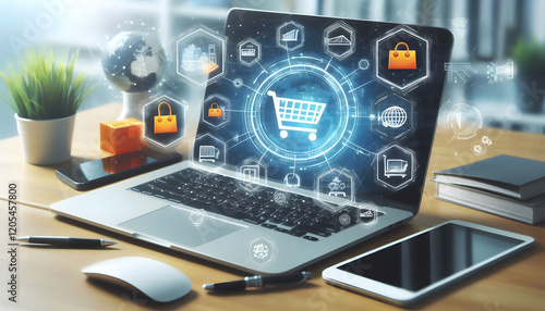 Wallpaper Mural Laptop with Social Media and SEO Icons in Air Torontodigital.ca