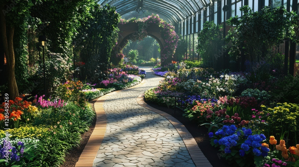 Naklejka premium Lush Greenhouse Pathway Surrounded by Colorful Flower Gardens