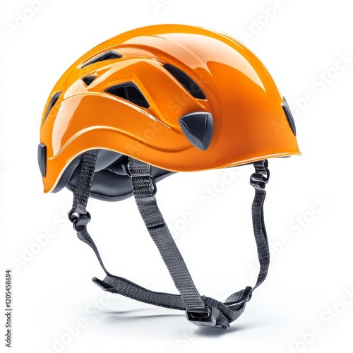 Orange safety helmet with chin strap, isolated on white background. photo