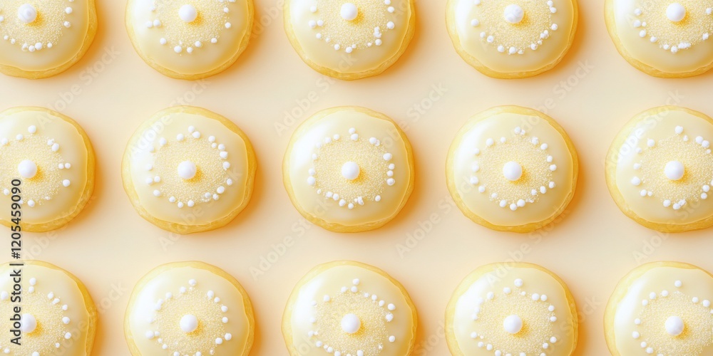 Flat lay of many delicious, small, round, pale yellow frosted pastries decorated with white sprinkles. Flat lay of many delicious, small, round, pale yellow frosted pastries decorated with white sprinkles.