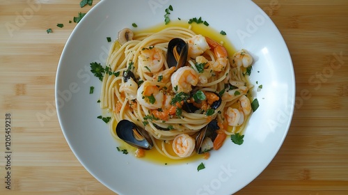 Delicious seafood pasta dish with shrimp, mussels, and parsley. photo