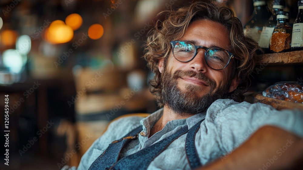 Man smiling at a cozy cafe with warm lighting Man smiling at a cozy cafe with warm lighting