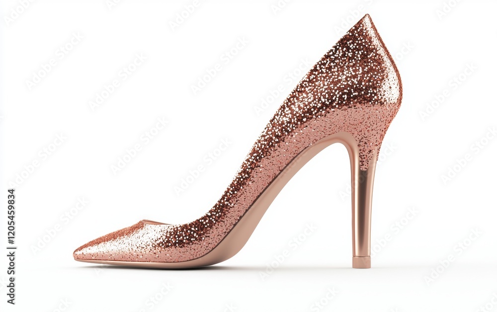 Obraz premium A single rose gold high heel with a glittering texture and slim silhouette on a clean white background