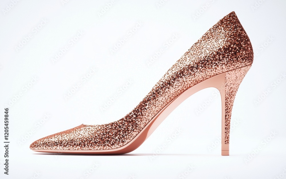 Obraz premium A single rose gold high heel with a glittering texture and slim silhouette on a clean white background