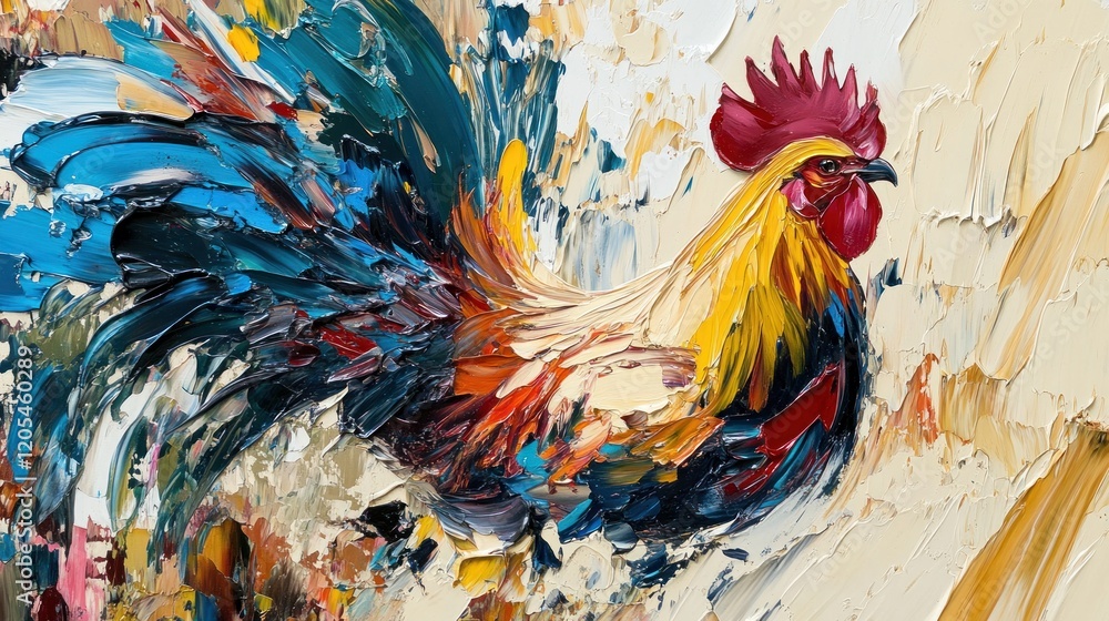 Fototapeta premium Colorful rooster painting, vibrant plumage, rural scene, impasto style, home decor