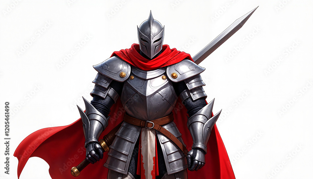 Heroic knight brandishing broadsword in polished armor, valiant strength