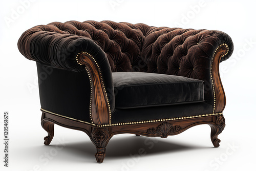 Classic armchair with dark brown velvet seat, black leather tufted backrest and rolled arms, gold nailhead trim, dark wood frame and legs, elegant and luxurious. photo