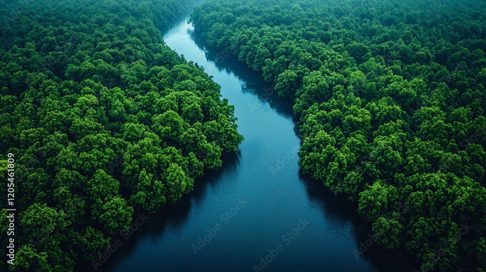 Serene Aerial View of a Lush Mangrove Forest and Winding River, Evoking Tranquility and the Beauty of Untouched Nature Serene Aerial View of a Lush Mangrove Forest and Winding River, Evoking Tranquility and the Beauty of Untouched Nature