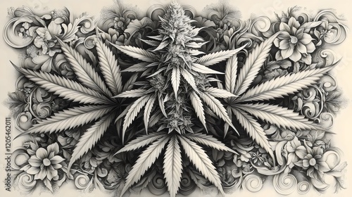 A black and white drawing of a marijuana plant with flowers