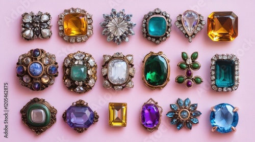 A collection of colorful gemstone brooches arranged neatly on a pastel pink background