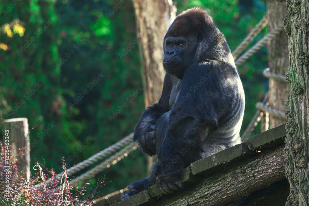 Powerful gorilla sits contemplatively on a wooden platform amidst a forested environment. The natural setting enhances the majestic presence of this primate, highlighting its strength and tranquility