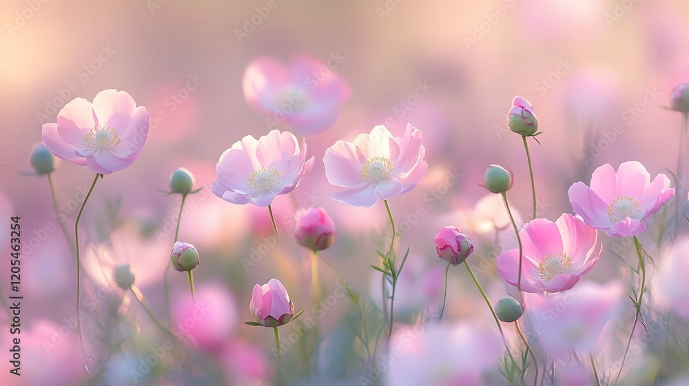Delicate Pink Cosmos Flowers In Soft Sunlight