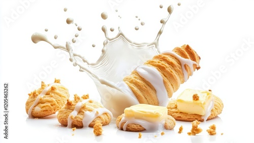 Splash of milk biscuits on white background.A splash of milk surrounds delicious pastries, showcasing a delightful mix of textures and creamy toppings.