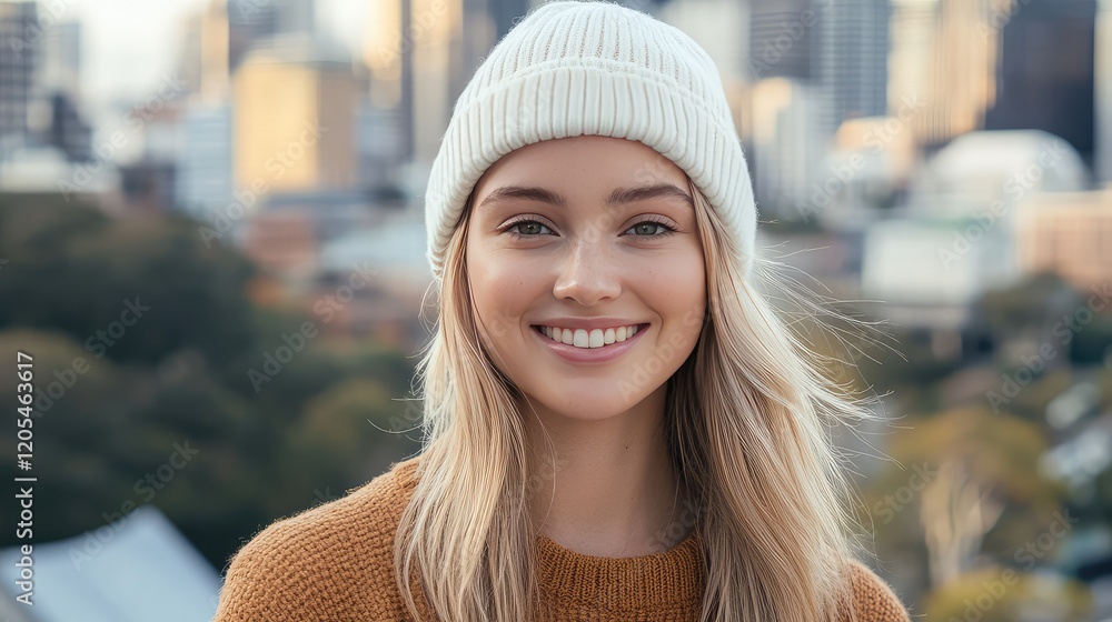 A young woman in a white beanie smiling with a city backdrop A young woman in a white beanie smiling with a city backdrop