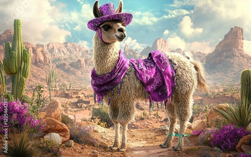 A stylish llama in a fancy purple scarf and a glittery hat, standing on a des...