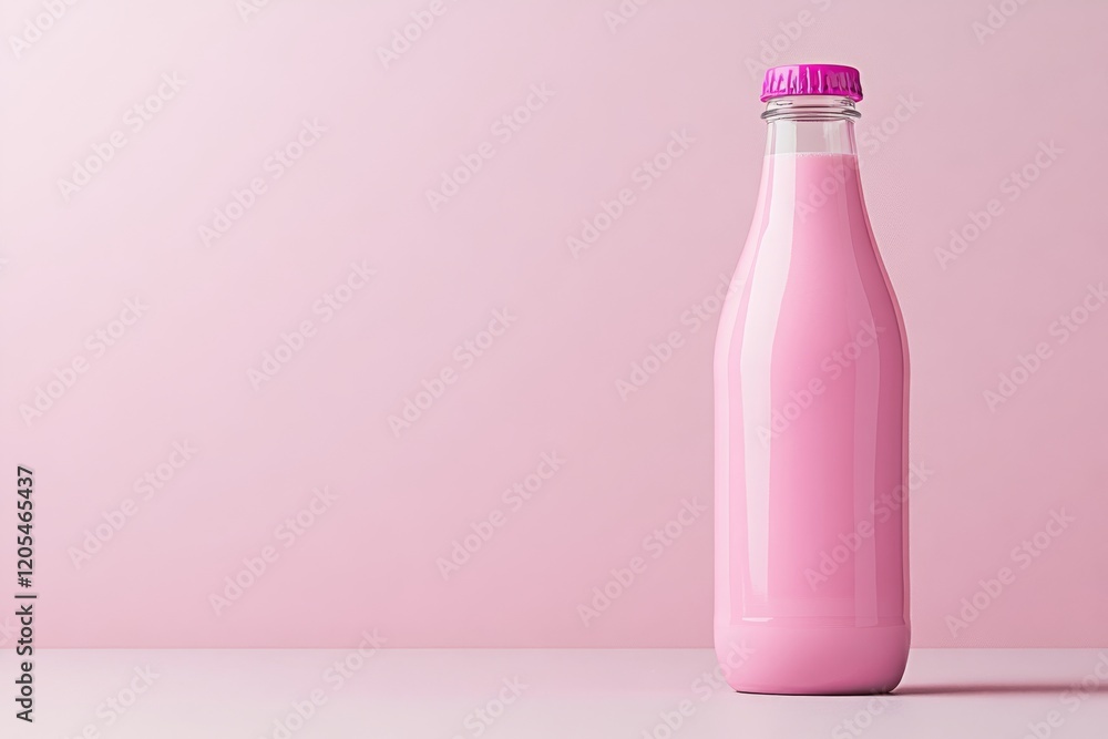 A minimalistic pink milk bottle stands against a soft pink background, emphasizing its color and shape A minimalistic pink milk bottle stands against a soft pink background, emphasizing its color and shape