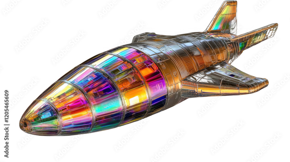 A shiny and vibrant glass rocket design, showcasing a clear body with rainbow-colored reflections and futuristic details, against a minimal background. A shiny and vibrant glass rocket design, showcasing a clear body with rainbow-colored reflections and futuristic details, against a minimal background.