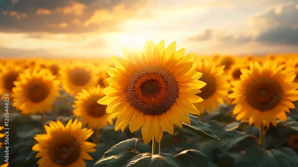 Obraz premium A field of sunflowers with a single sunflower in the foreground