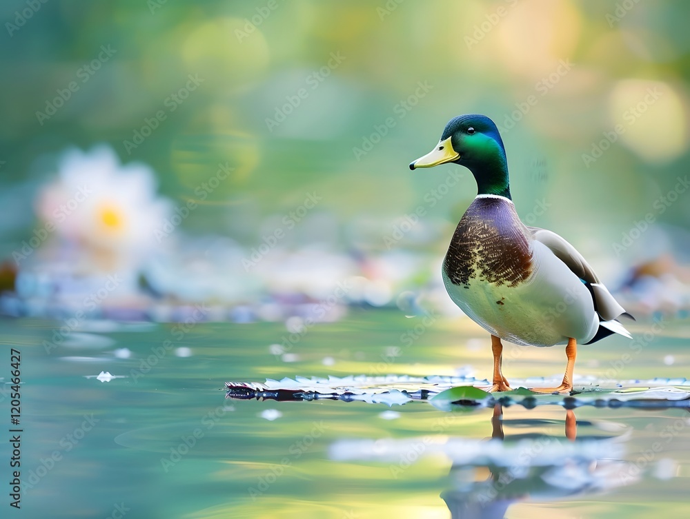 Obraz premium Adorable Call Duck Standing on a Serene Lily Pad in Tranquil Pond with Pastel Green and Blue Tones