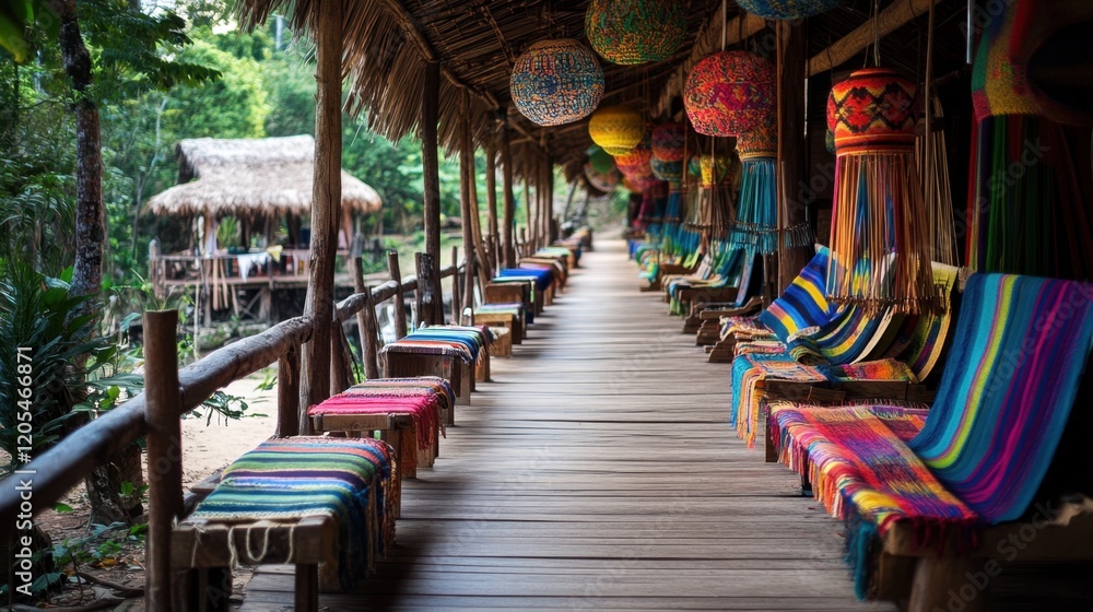 Obraz premium A row of weaving looms creating vibrant fabrics in a traditional workshop