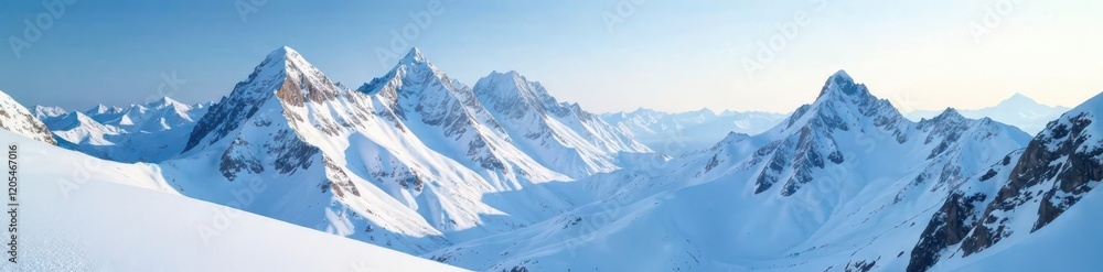 Fototapeta premium Snow-covered mountain peaks stretching towards the sky, snow capped peaks, winter mountains landscape, frozen wilderness
