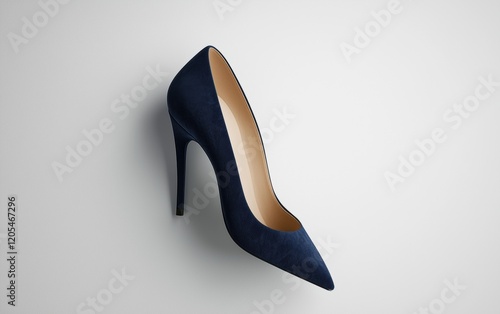 A single navy blue suede pump with a sleek pointed toe on a clean white background photo