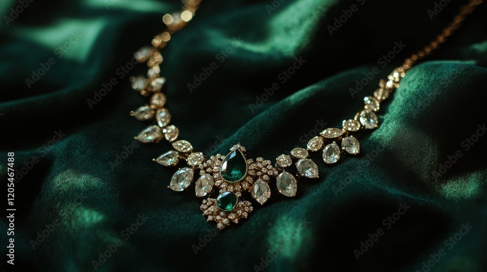 A statement necklace with emeralds and diamonds on a deep forest green background A statement necklace with emeralds and diamonds on a deep forest green background