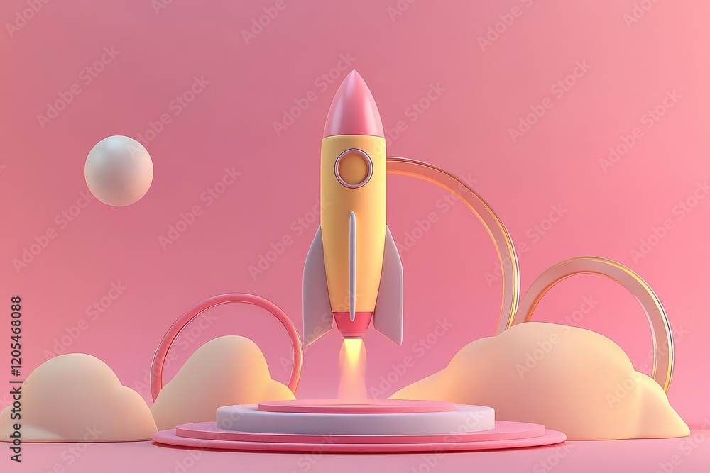 A whimsical rocket launches from a circular platform amidst soft clouds and a pastel pink background, evoking a playful space theme. A whimsical rocket launches from a circular platform amidst soft clouds and a pastel pink background, evoking a playful space theme.
