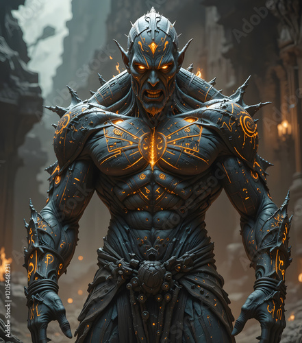 Ferocious warrior with glowing markings and muscular physique in a dramatic fantasy setting 