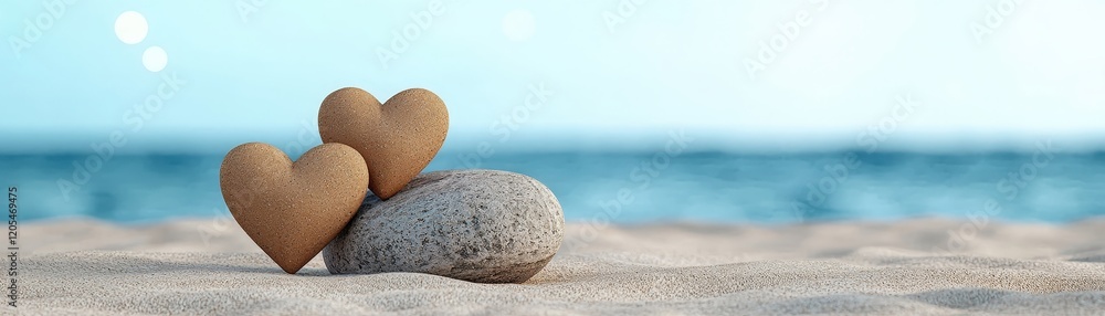 Obraz premium Two Heart-Shaped Stones Resting on a Smooth Rock Beside Calm Blue Ocean Waves on Sandy Beach