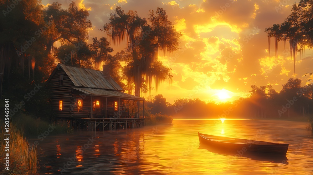 Fototapeta premium Sunset Bayou Cabin, Riverboat, Swamp, Golden Hour, Peaceful Scene