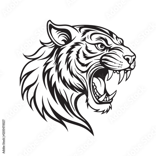 Roaring tiger captured in elegant, flowing black line art