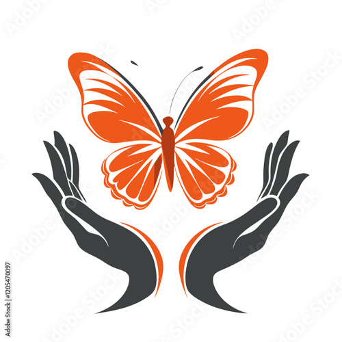 Stylized butterfly in orange above black hands symbolizing care and change in art