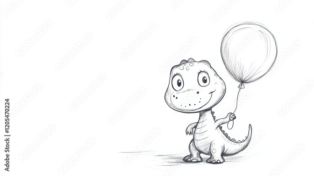 Cute Cartoon Dinosaur Holding a Balloon in a Simple Style Cute Cartoon Dinosaur Holding a Balloon in a Simple Style