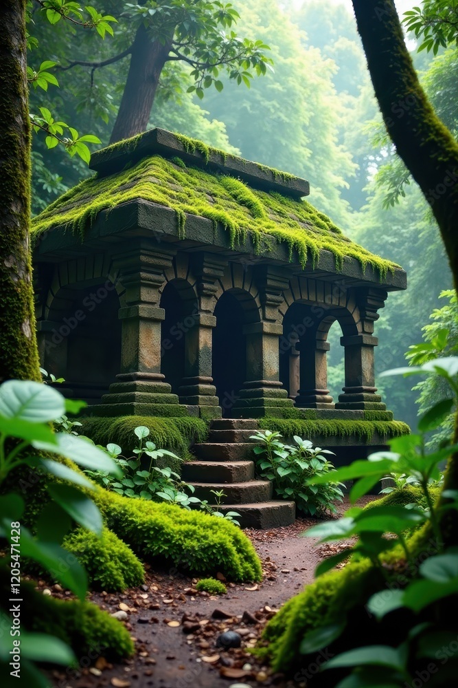Lush moss covers ancient stone structures amidst the jungle, earthy, moss Lush moss covers ancient stone structures amidst the jungle, earthy, moss