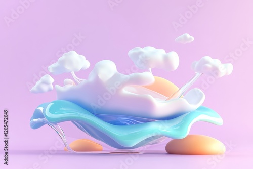 A fluid, colorful splash with clouds over a soft surface, creating a playful and dreamy atmosphere against a pastel background.
