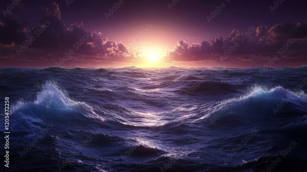 Fototapeta premium Majestic Ocean Sunset: Dramatic Waves and Vibrant Sky