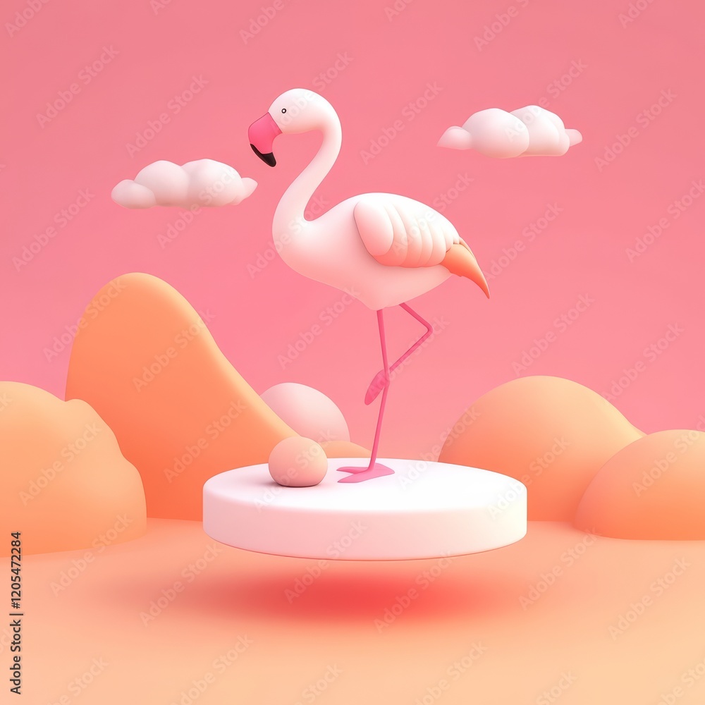 Fototapeta premium A stylized pink flamingo stands on a white platform, surrounded by soft clouds and abstract shapes in a vibrant pastel landscape.