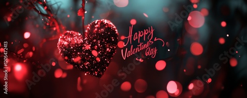 Happy Valentines day - lettering calligraphy with beautiful red hearts on defocused bokeh background photo