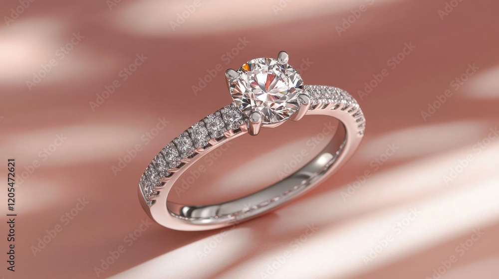 Elegant diamond ring with a solitaire design on a blush pink gradient background Elegant diamond ring with a solitaire design on a blush pink gradient background
