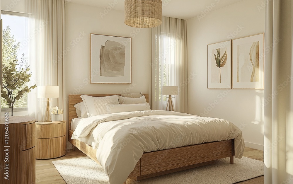 Fototapeta premium Chic Scandinavian-style bedroom with a light oak bed, round wooden nightstands, soft cream bedding, and subtle decor accents
