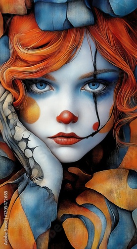 A whimsical portrait of a clown with vibrant colors and expressive features.