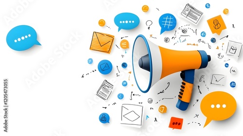of a bold and colorful megaphone surrounded by floating speech bubbles against a clean white background symbolizing innovative marketing strategies digital advertising
